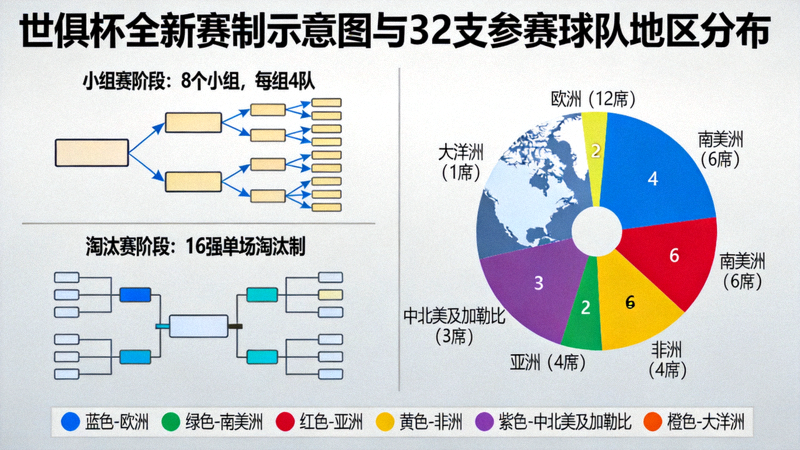 世俱杯全新赛制示意图与32支参赛球队的地区分布图示