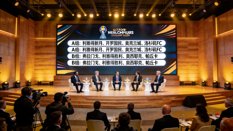 世俱杯小组赛抽签仪式现场大屏幕显示各小组分组结果